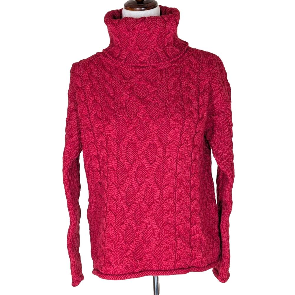 Inis Crafts Merino Wool Red Cable Knit Turtleneck Sweater Women's Medium Ireland